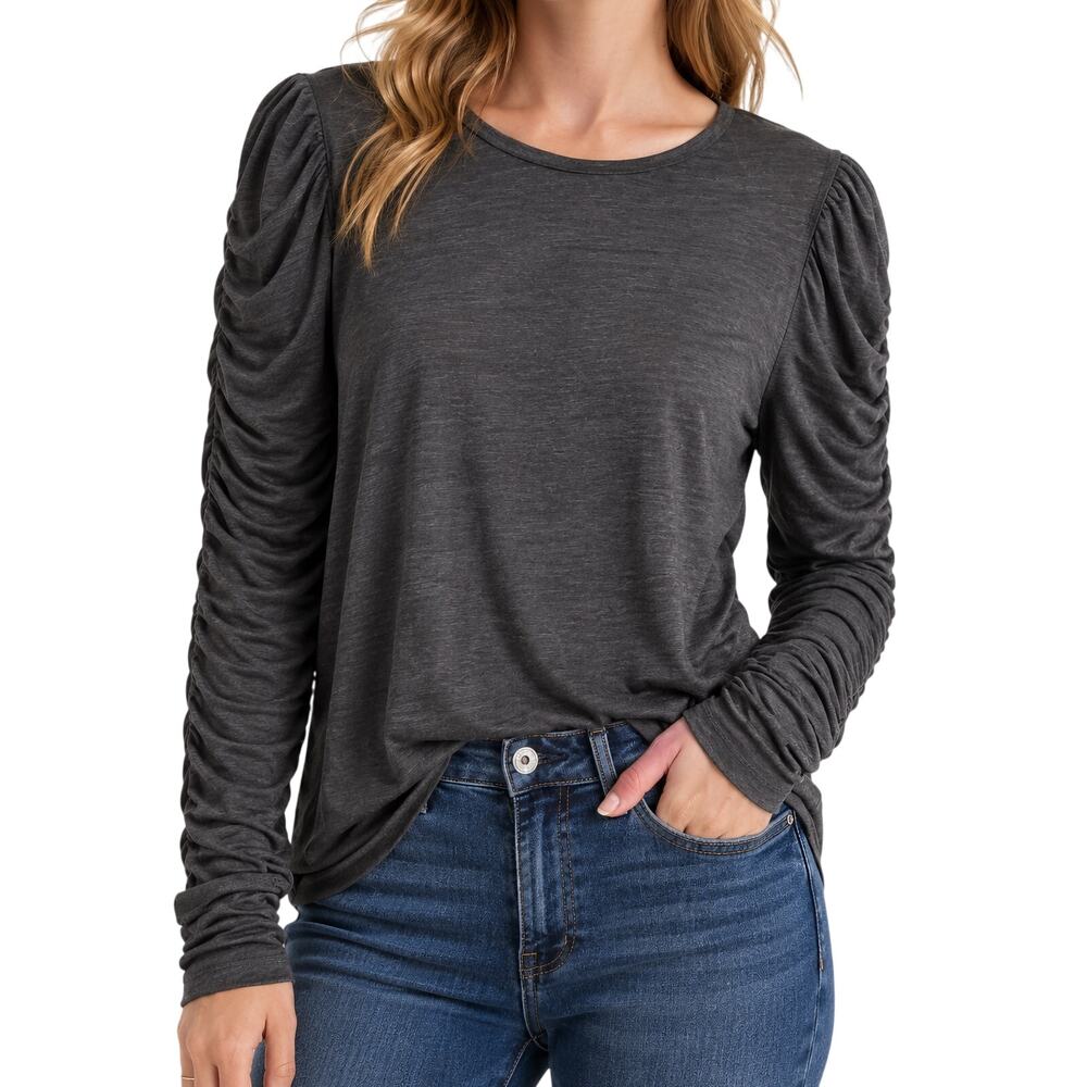 Free People We The Free Natasha Top XL Gray Slub Knit Ruched Long Sleeve Boho - Picture 12 of 12